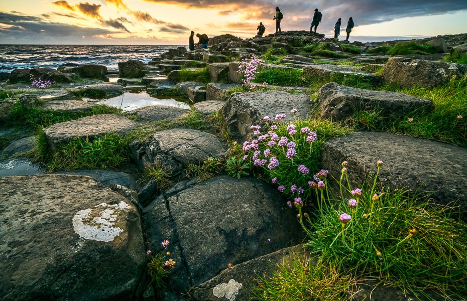 fotogrāfi saulrietā ziemeļīrijā pie giants causeway
