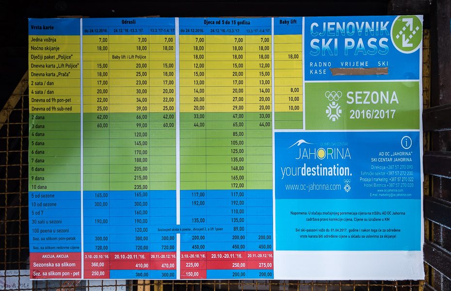 pacēlāju cenas slēpošanas bosnija un hercegovina